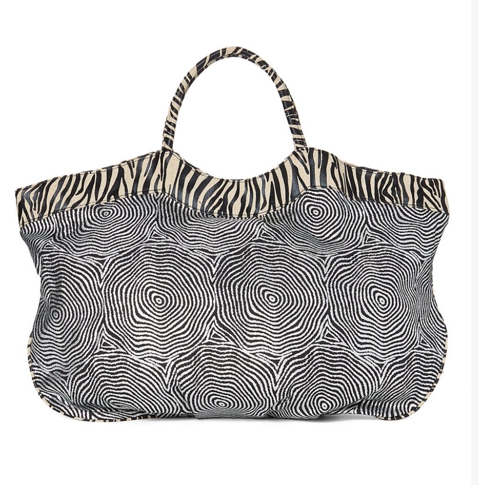 Boardwalk-Zebra swirly tote- Zebra top border with silver/black swirl large tote